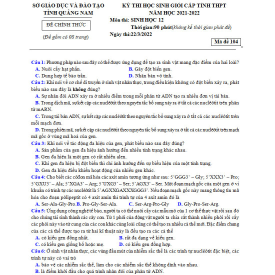 Đề Thi HSG Sinh Học 12 Sở Giáo Dục Quảng Nam 2022