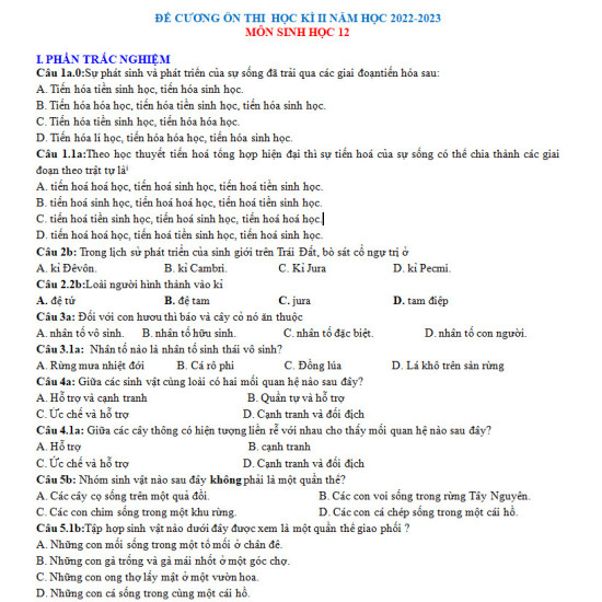 Đề Cương Ôn Tập Học Kỳ 2 Sinh 12 Theo Dạng Câu Hỏi 2022-2023