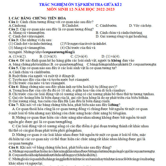 Trắc Nghiệm Ôn Tập Sinh 12 Giữa HK2 Năm 2022-2023
